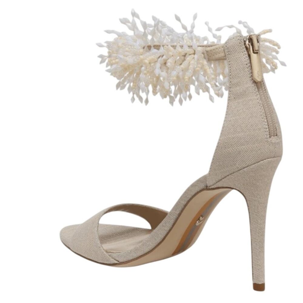 Sam Edelman Gillie Sand Linen Stilettos Open Toe Heels Beaded Size 7.5, 4'' Heel - Picture 12 of 13
